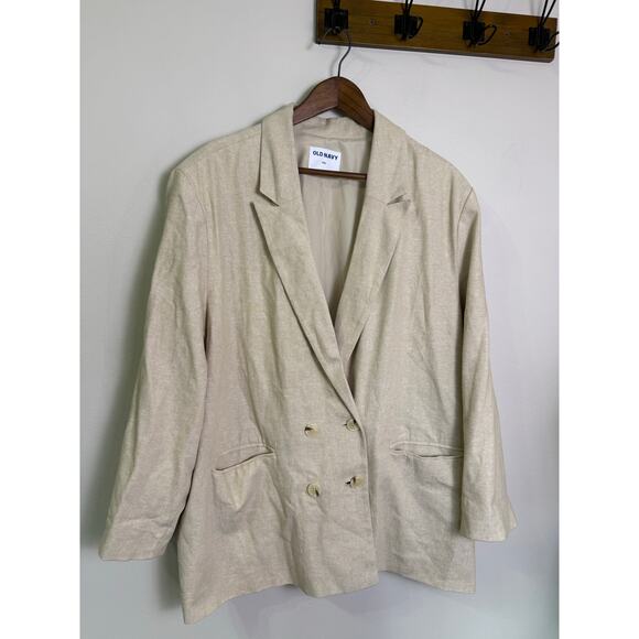 Old Navy Double-Breasted Linen-Blend Blazer XXL Beige Neutral Lightweight - Picture 2 of 5